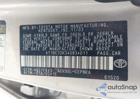 2004 Toyota Camry Le z USA, uszkodzony, nr VIN 4T1BE32K34U834011